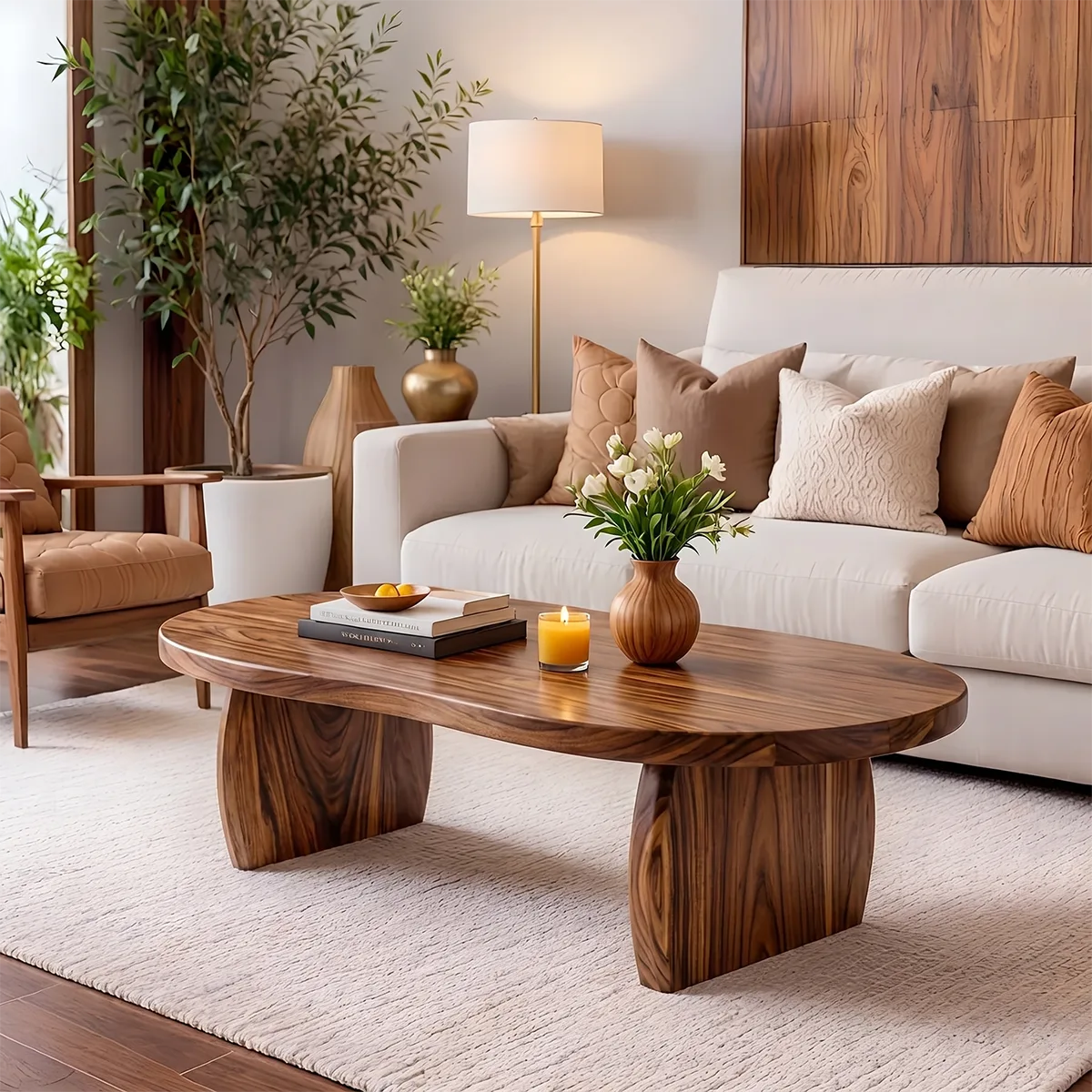 Modern Solid Wood Oval Coffee Table with Curved Slab Legs