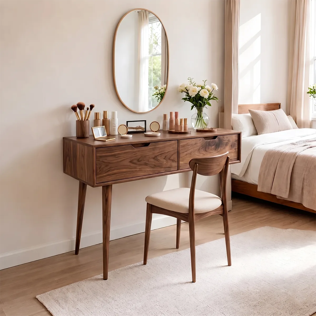 Minimalist Solid Wood Vanity Desk with Large Drawers and Oval Mirror