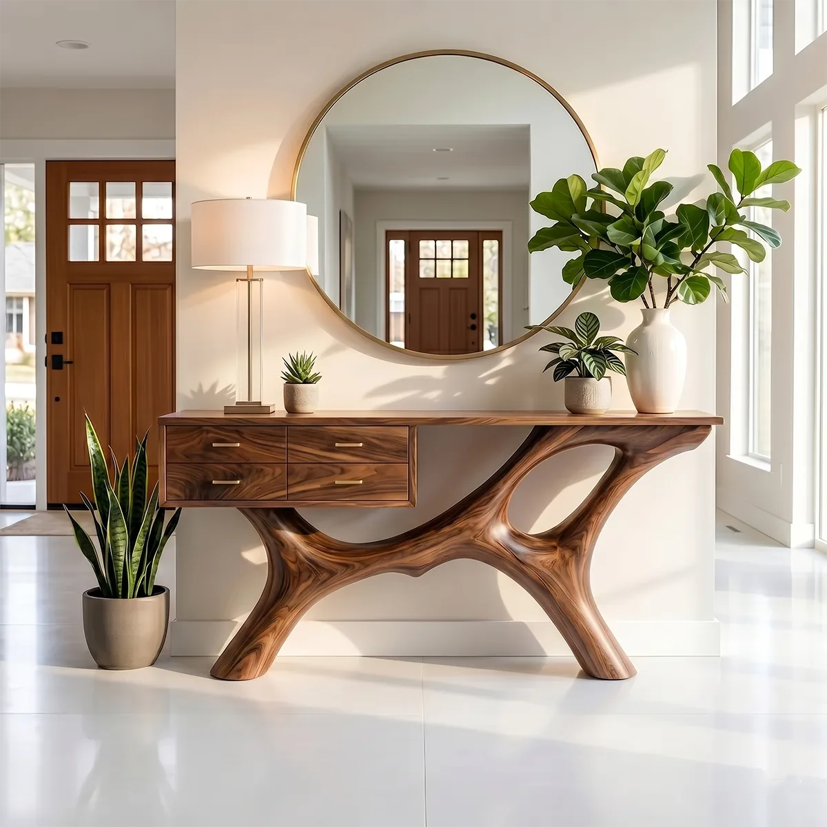 Luxury Wood Console Table with Drawers Curved Base Hallway Table