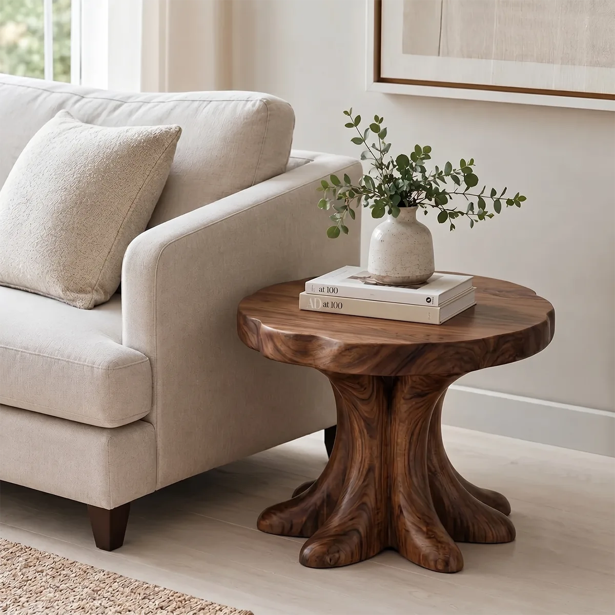 Round Solid Wood Side Table | Sculptural Pedestal Design TH003-7512
