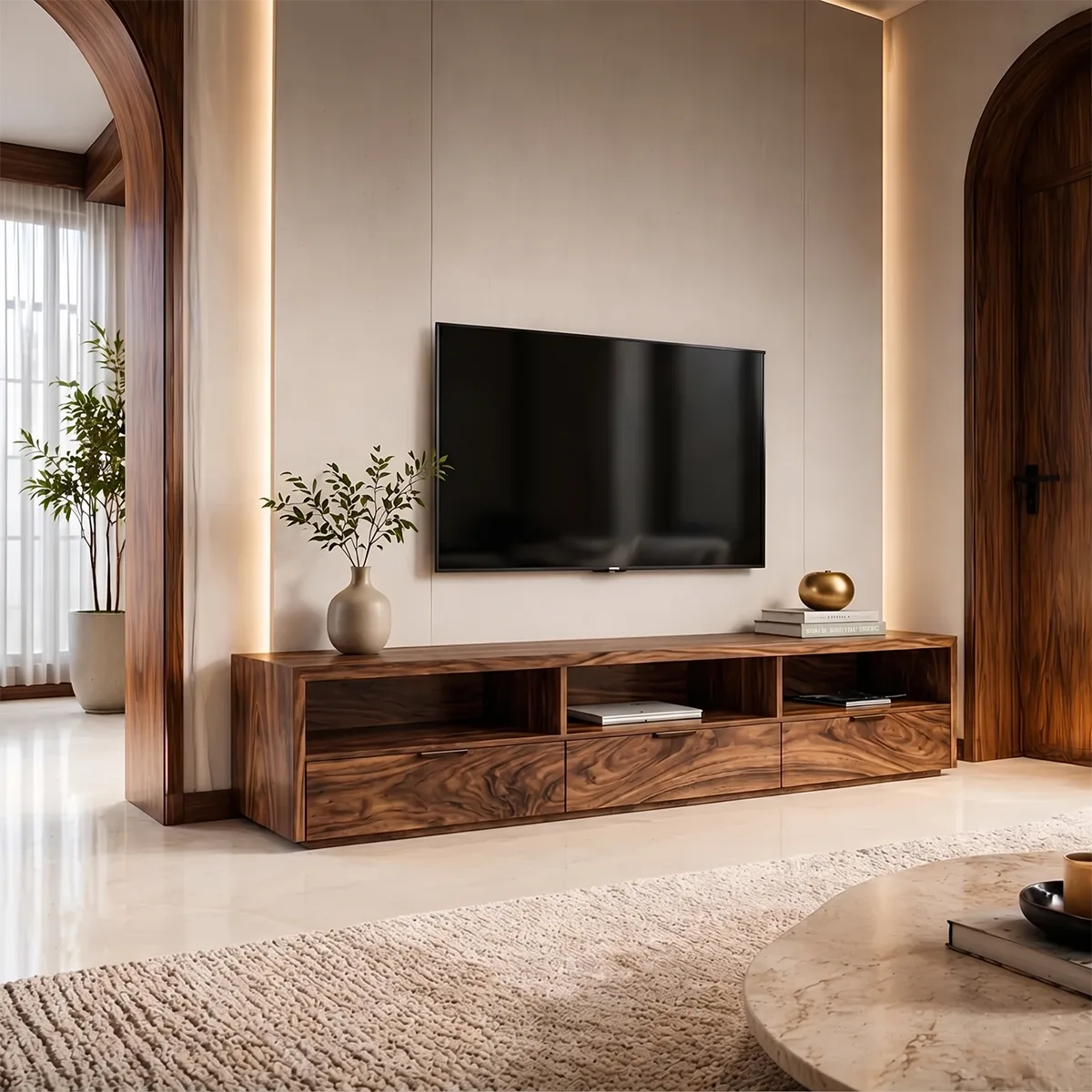 Modern Media Console with Open Shelves and 3 Drawers