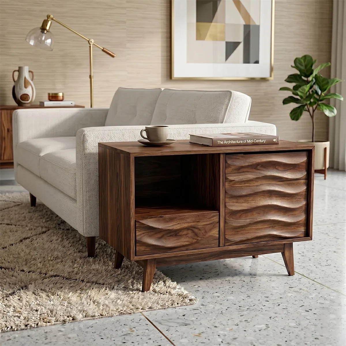 Modern Solid Wood End Table with Storage | Mid Century Side Table with Drawer & Cabinet TH003-4266
