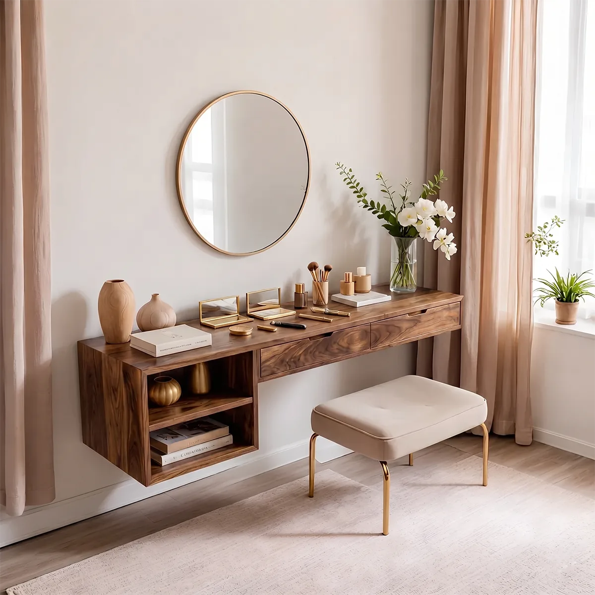 Floating Solid Wood Vanity Desk with Open Shelving and Storage Drawers
