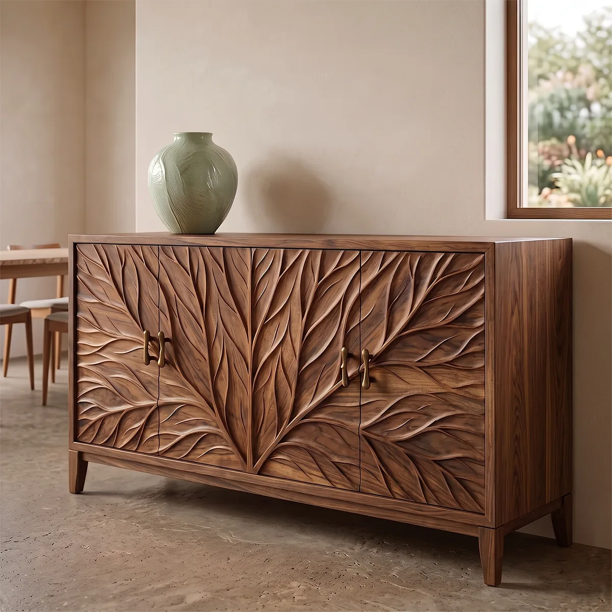 Leaf Carved Solid Wood Sideboard | Botanical Buffet Cabinet for Organic Modern & Japandi Interiors TH003-8571
