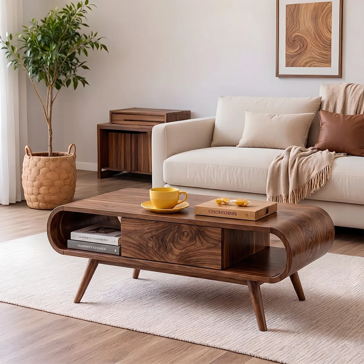 Mid Century Modern Solid Wood Curved Coffee Table with Storage