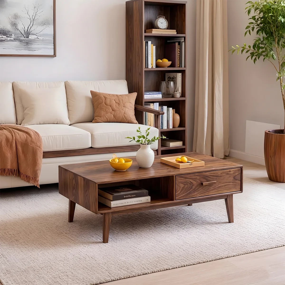 Mid Century Modern Solid Wood Rectangular Coffee Table with Storage