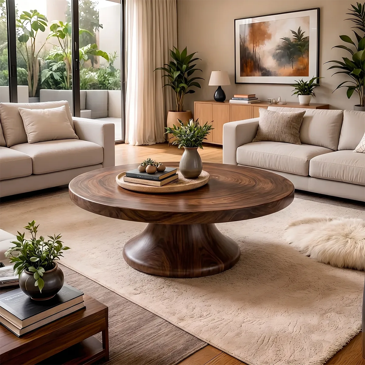 Round Solid Wood Coffee Table – Rustic Modern Pedestal Design TH003-9563