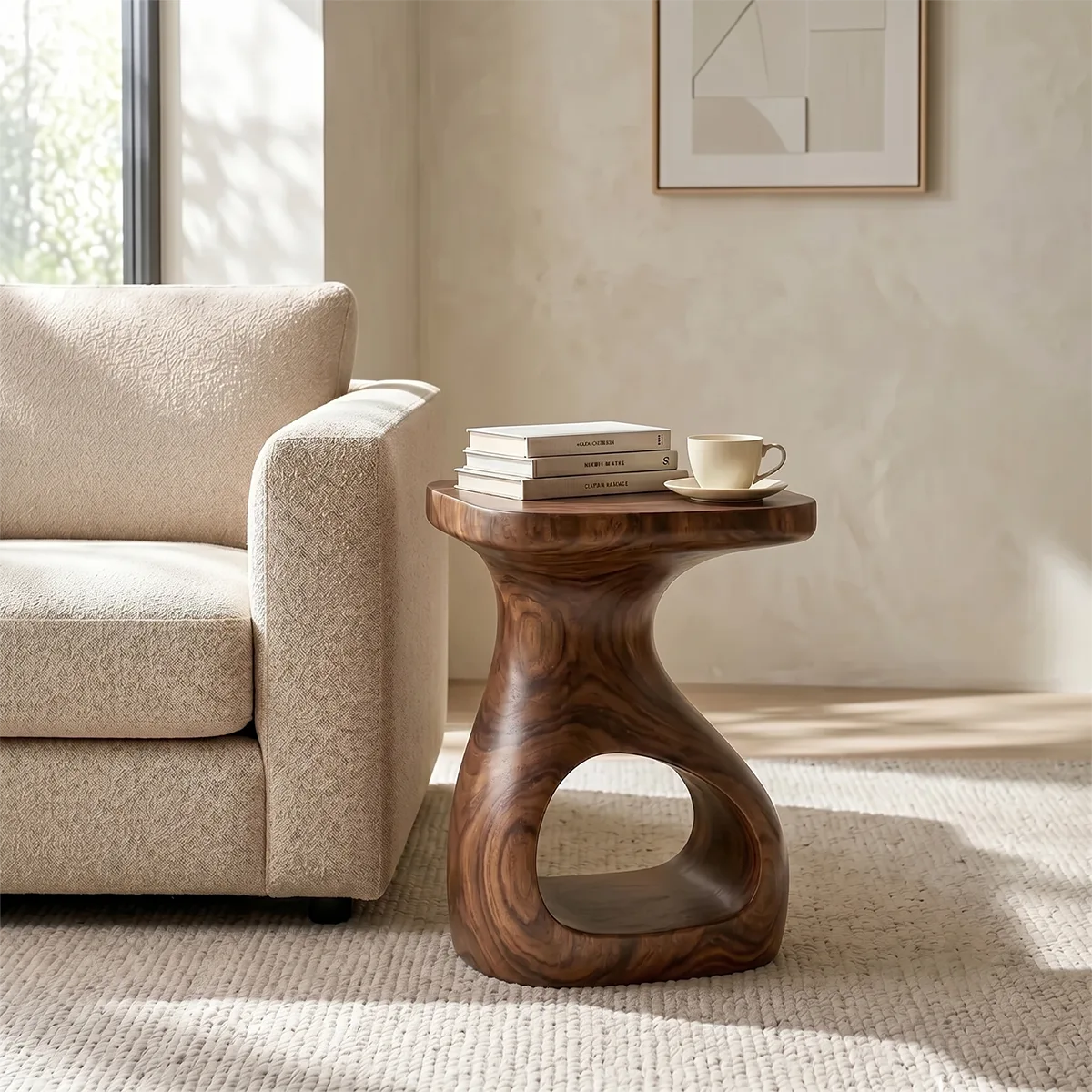Solid Wood Side Table with Open Shelf | Sculptural End Table TH003-2155