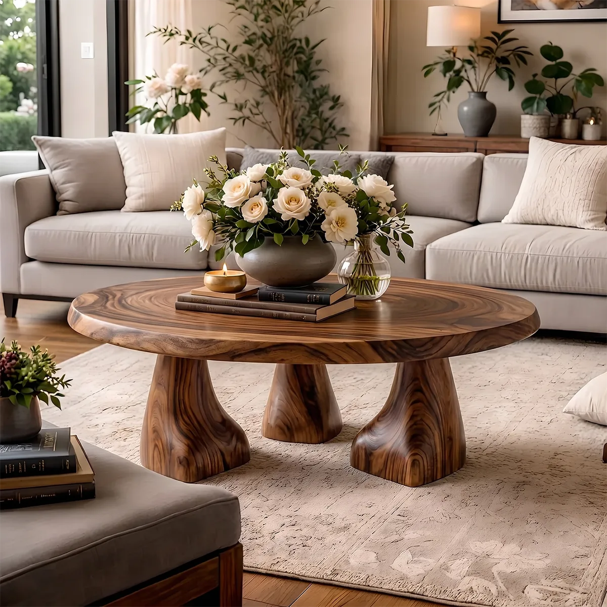 Round Solid Wood Coffee Table – Sculptural Pedestal Design TH003-7271