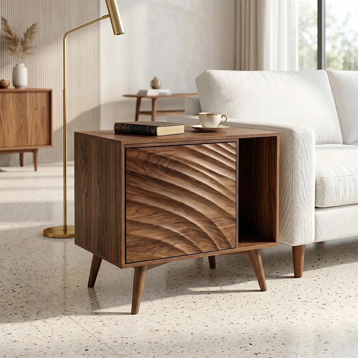 Modern Solid Wood End Table with Sliding Door | Mid Century Storage Side Table for Living Room TH003-6094