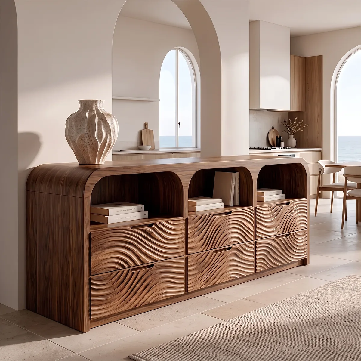 Wave Carved Solid Wood Storage Cabinet | Modern Credenza with Drawers & Open Shelves TH003-9574
