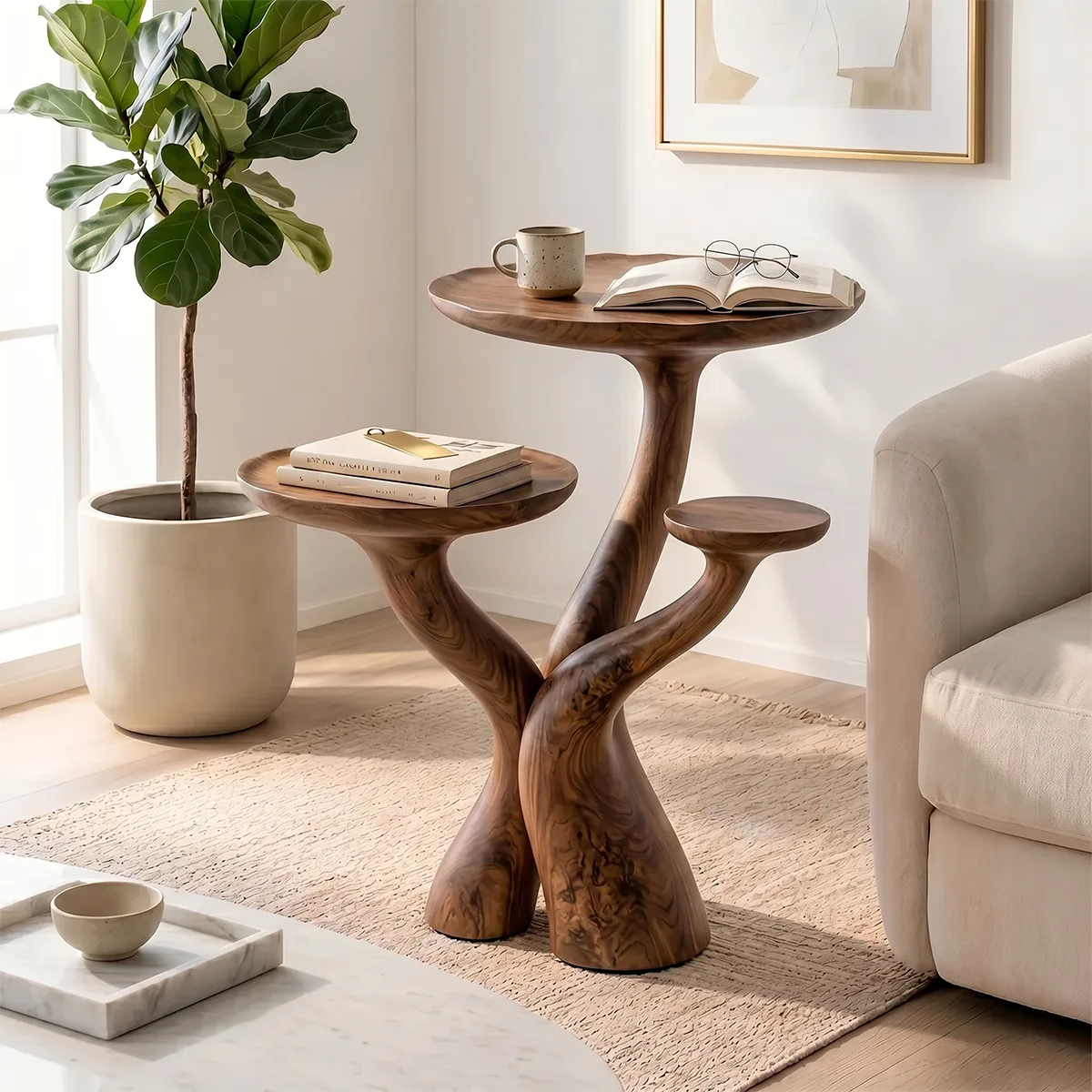 Three-Tier Solid Wood Side Table | Sculptural Branch Design TH003-6418