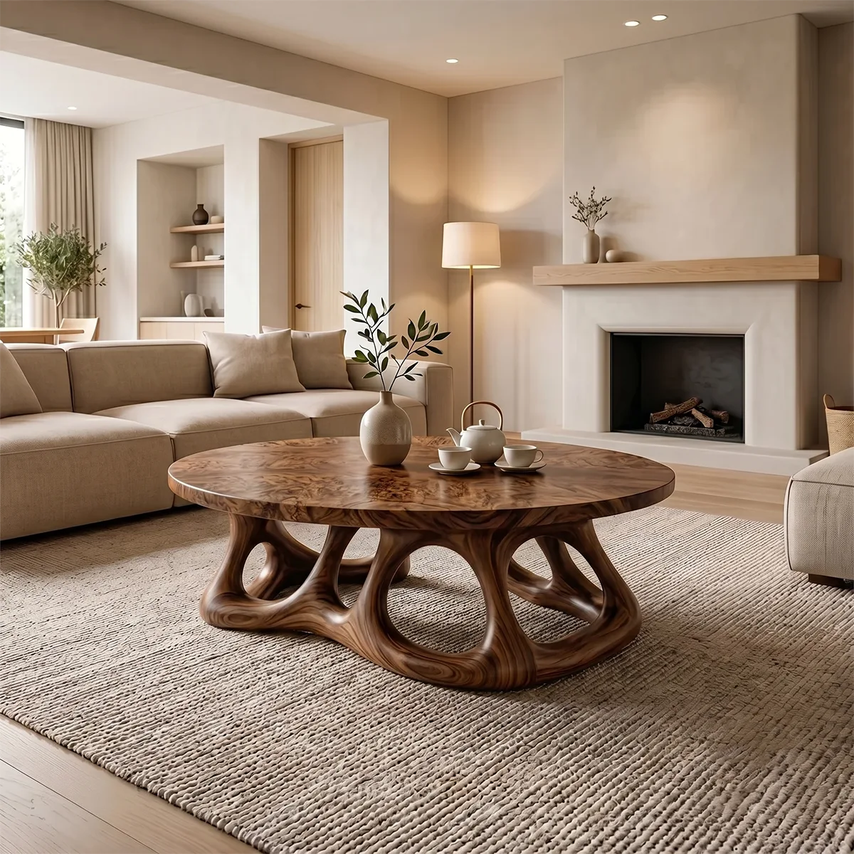 Round Solid Wood Coffee Table – Organic Sculptural Base Design TH003-6720