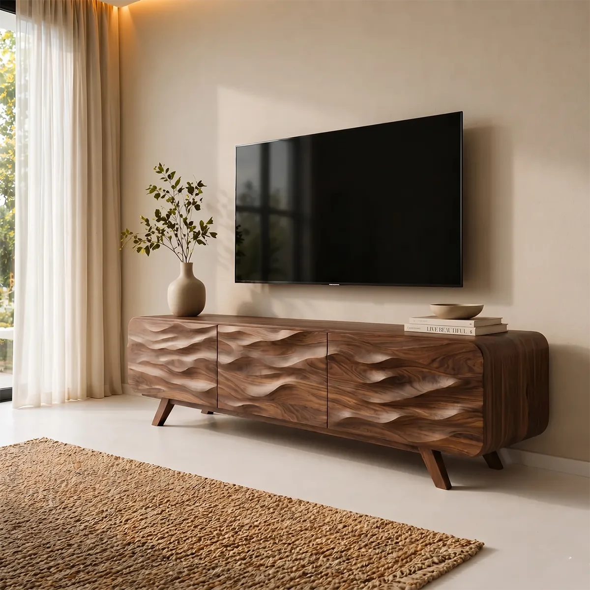 Carved Wave TV Cabinet with 3 Doors and Rounded Sides