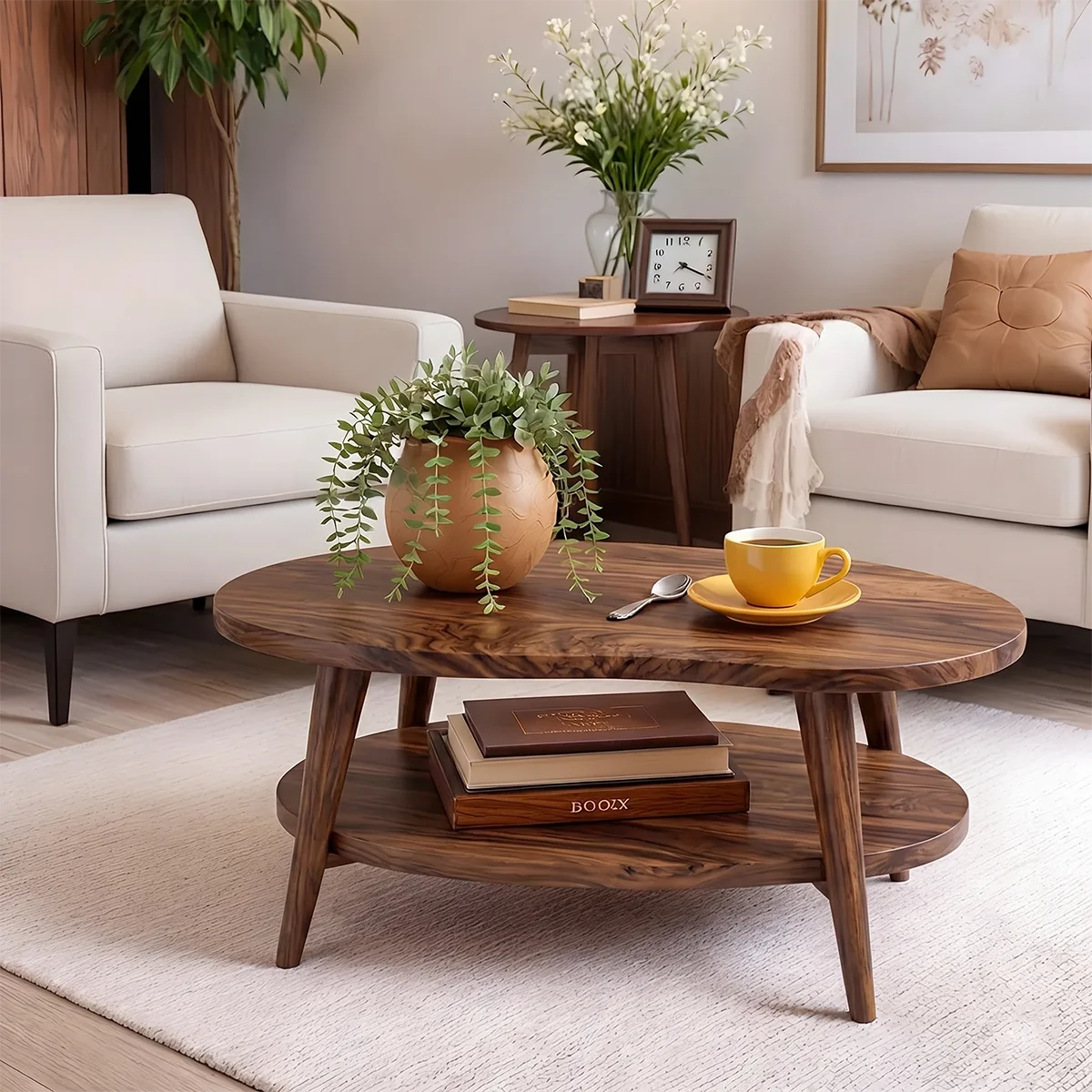 Mid Century Modern Solid Wood Two Tier Oval Coffee Table
