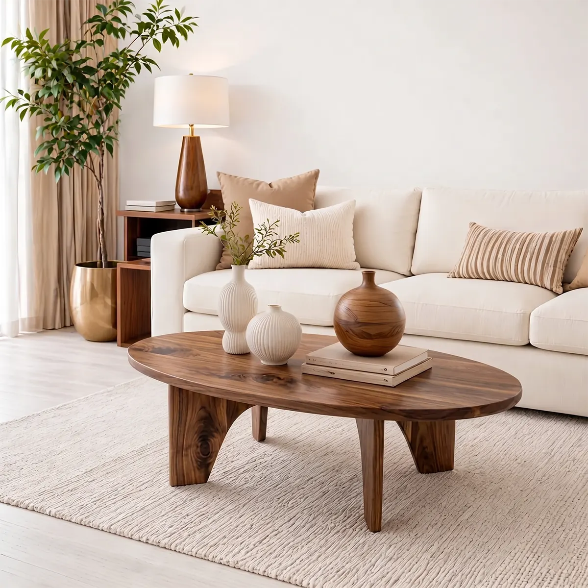 Modern Solid Wood Oval Coffee Table with Angled Slab Legs
