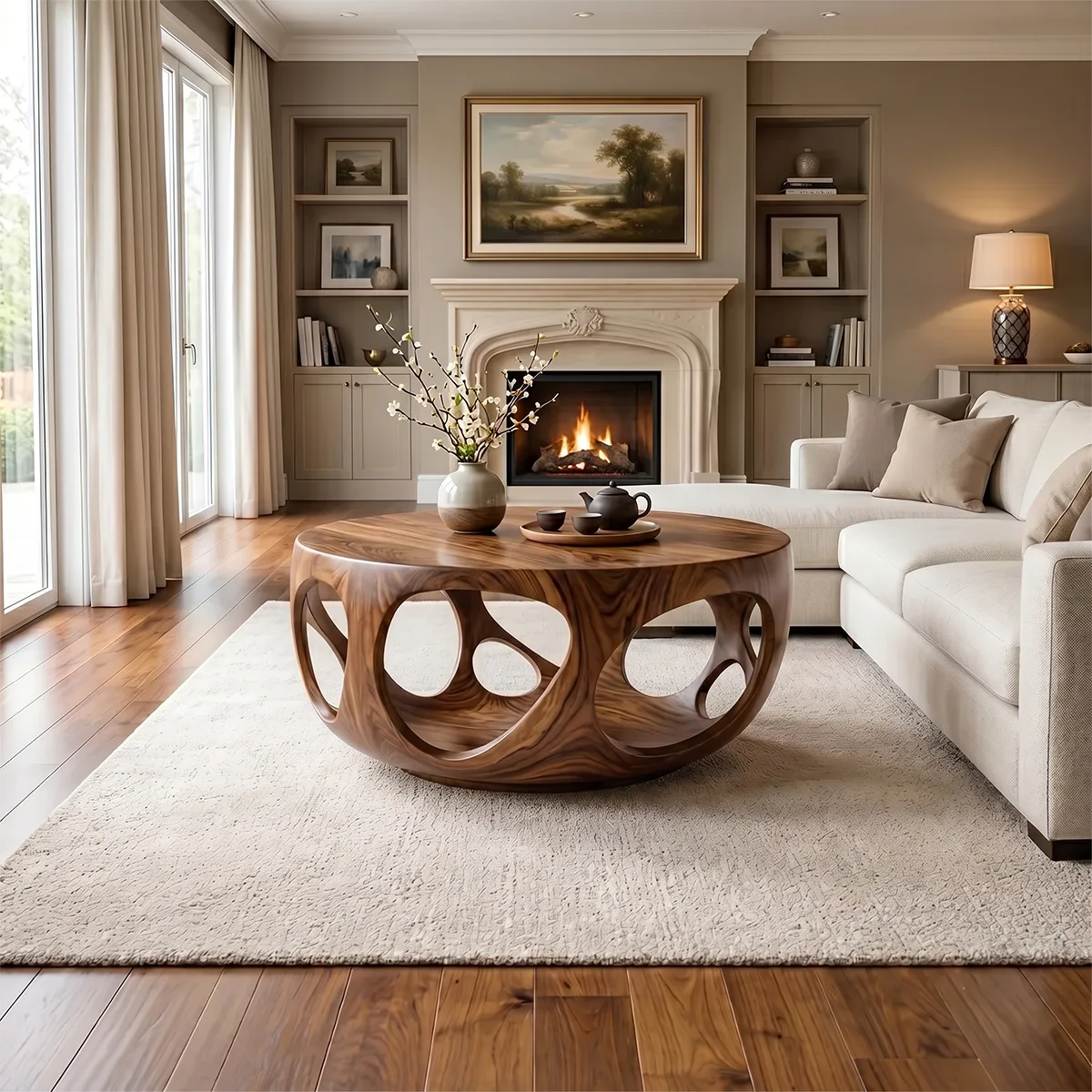 Round Solid Wood Coffee Table – Artistic Openwork Design TH003-2510