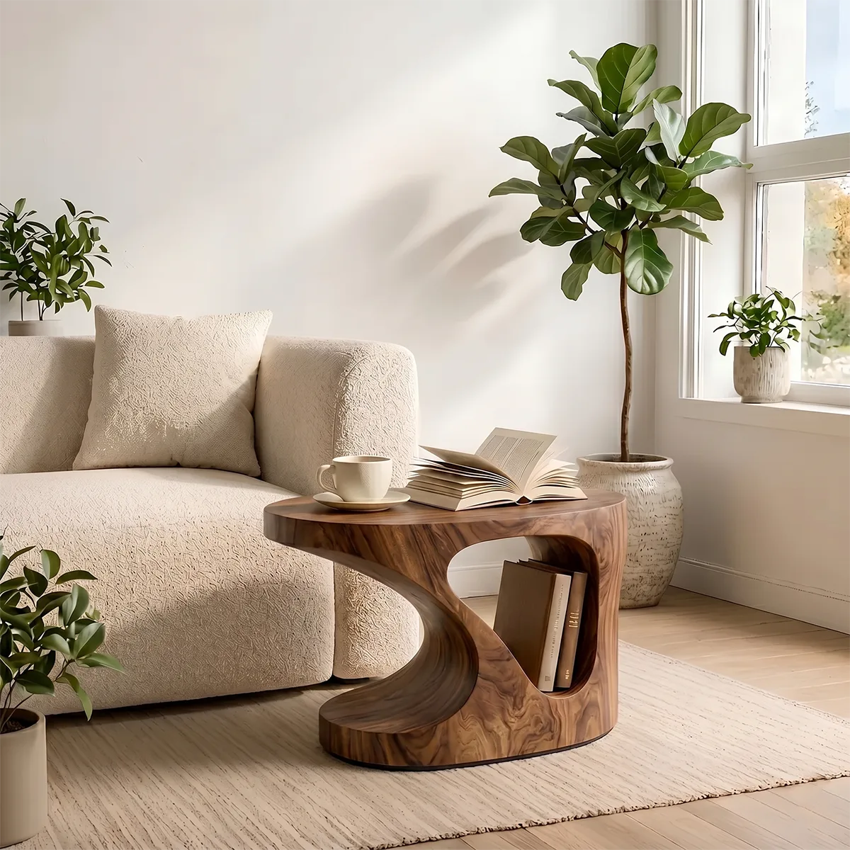 Solid Wood Side Table with Book Storage | Sculptural Design End Table TH003-9003