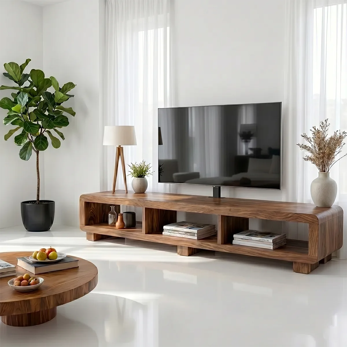 Modern Solid Wood Open Media Console TV Stand