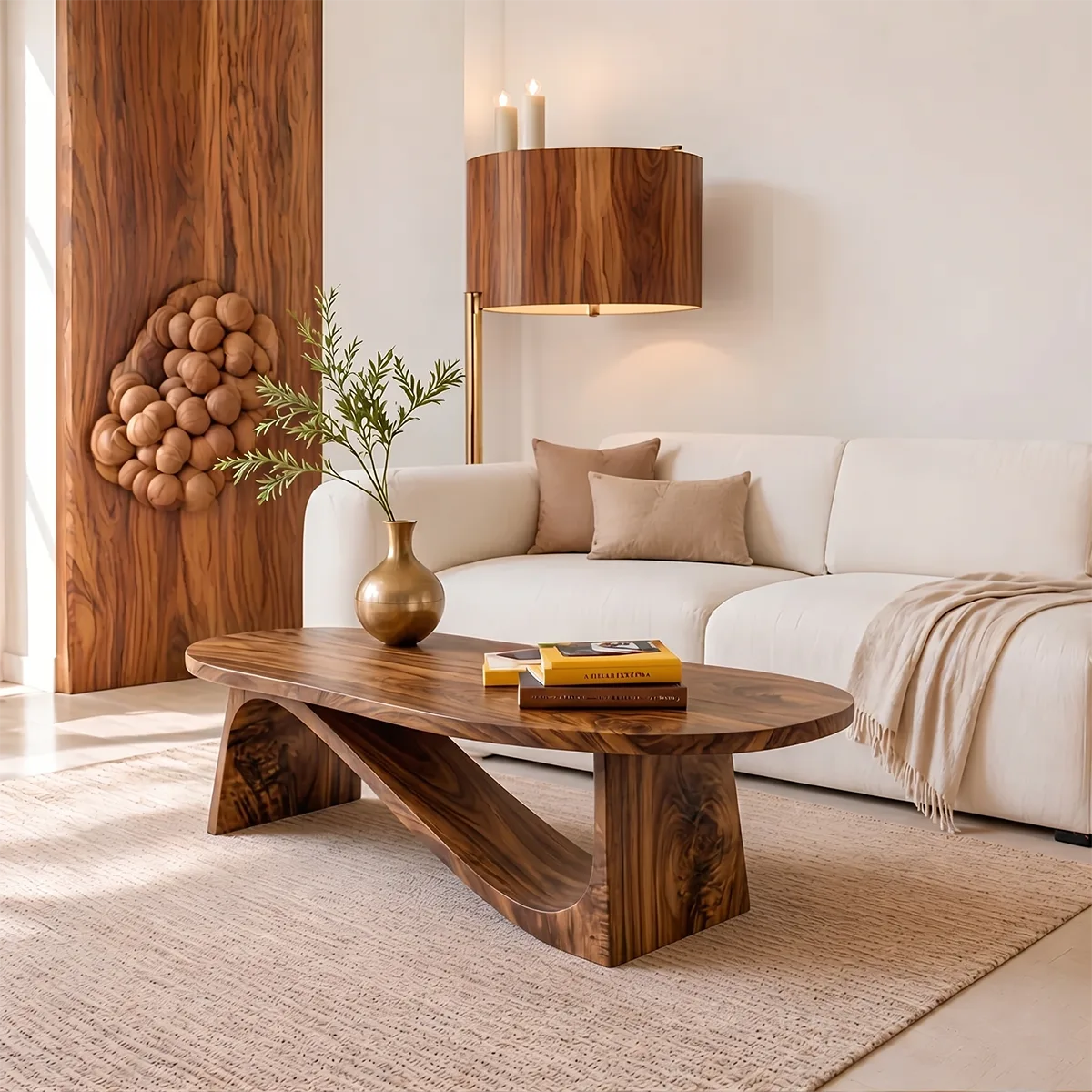 Modern Solid Wood Oval Coffee Table with Sculptural Sweeping Base