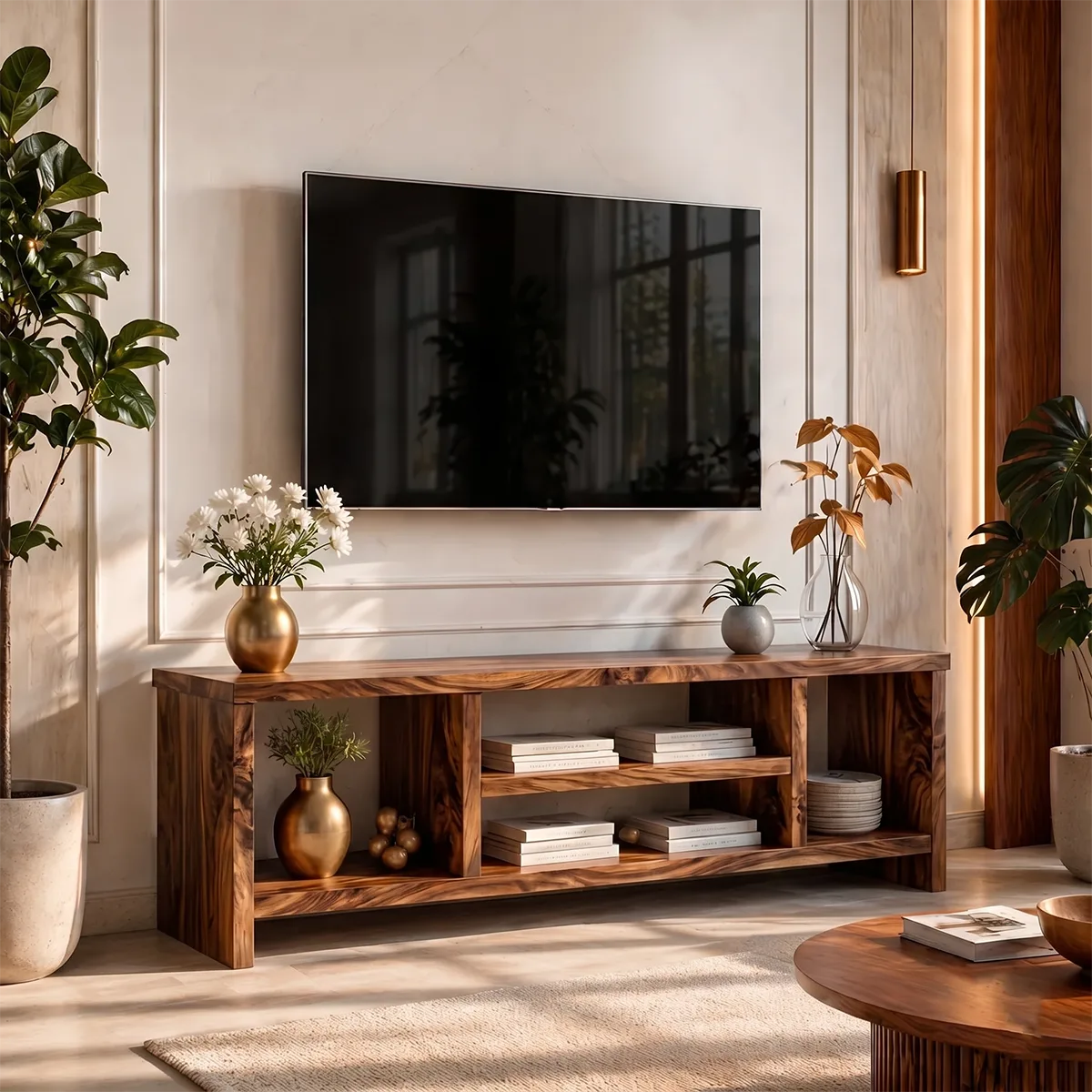 Modern Solid Wood Geometric TV Stand with Open Shelving