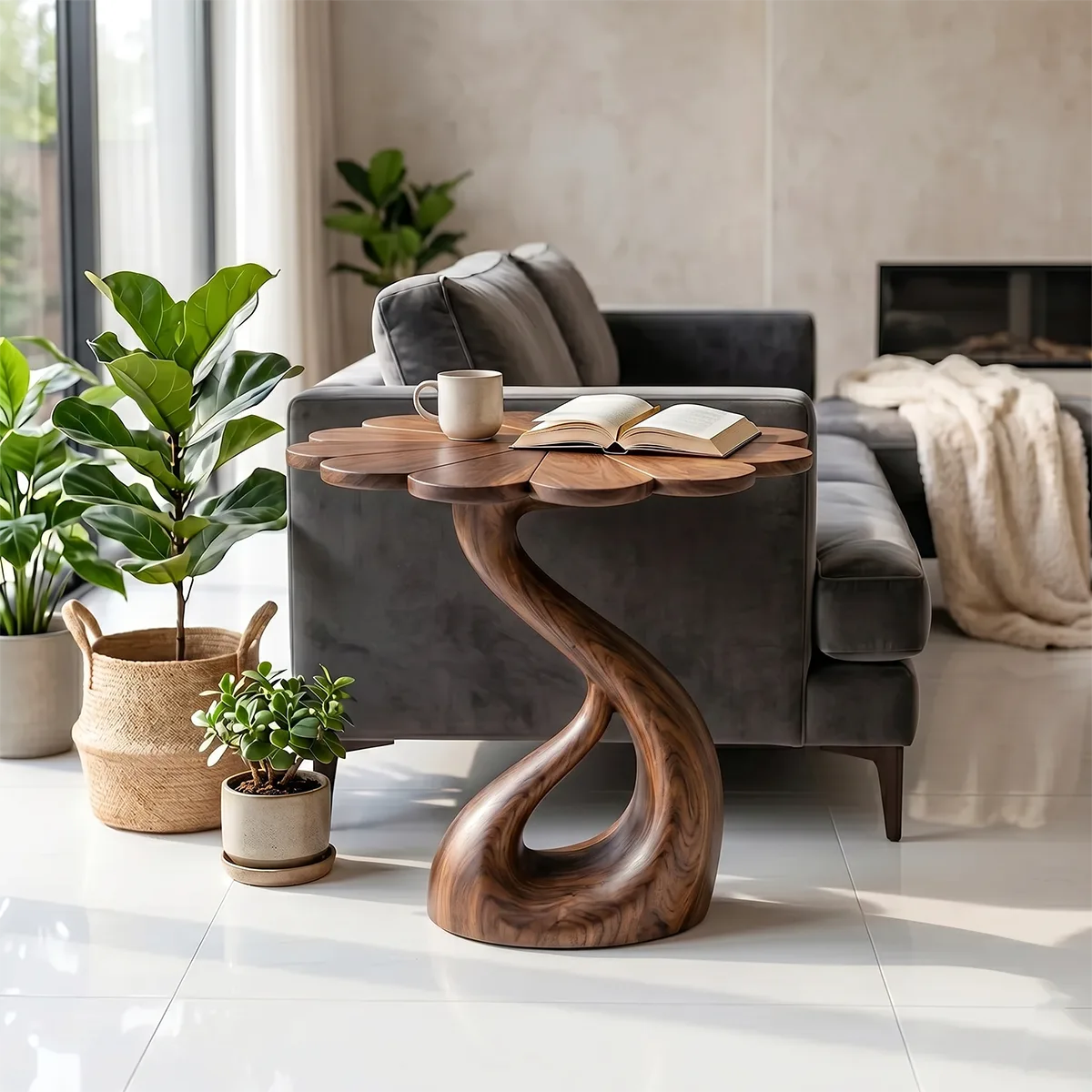 Petal Top Solid Wood Side Table | Sculptural End Table TH003-1714