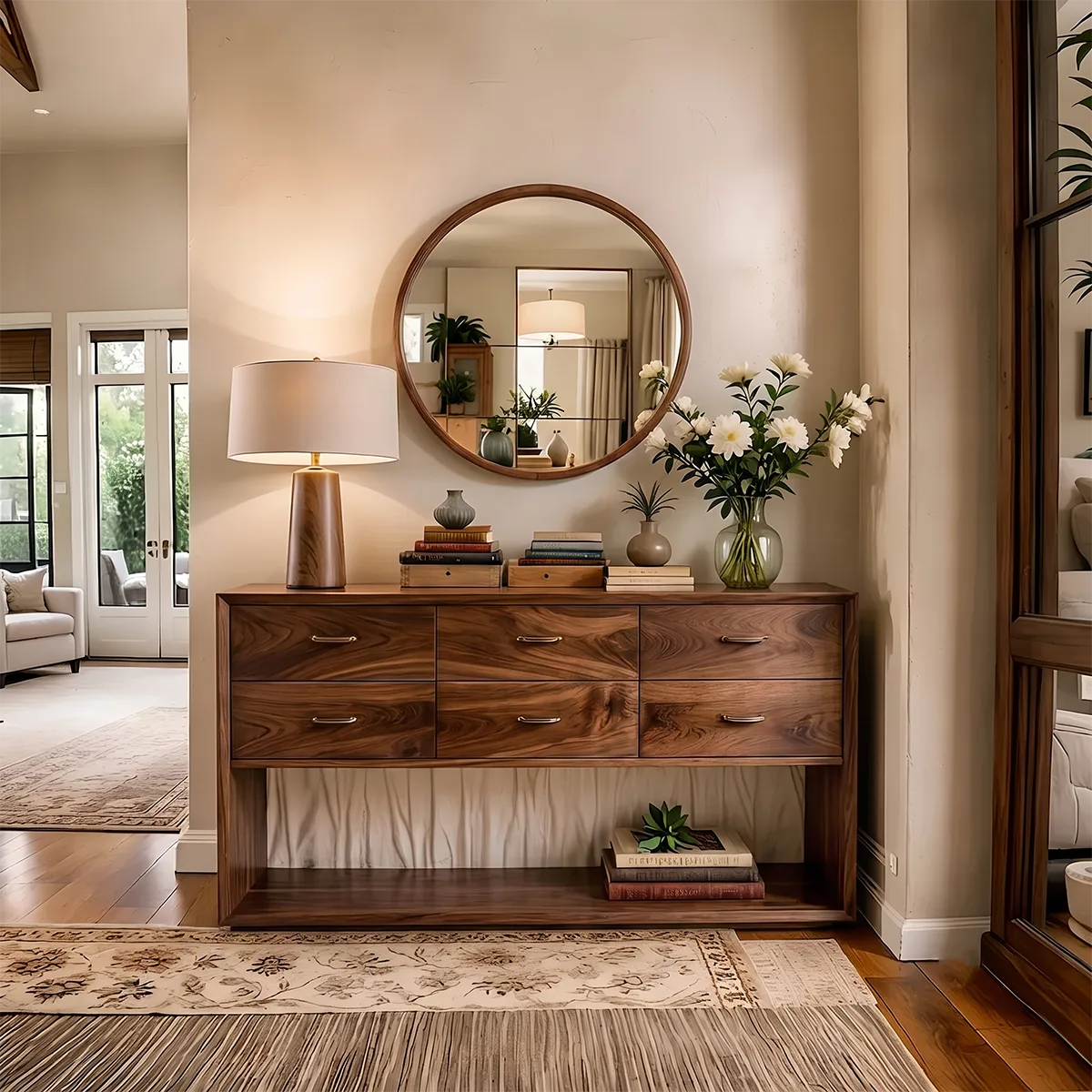 Modern 6 Drawer Console Table with Open Shelf – Minimalist Entryway Storage Cabinet TH003-9381