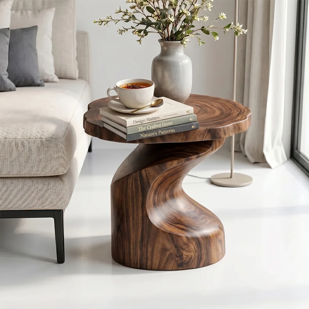 Sculptural Solid Wood Side Table, Live Edge Round End Table, Twisted Pedestal Accent Table TH003-9052
