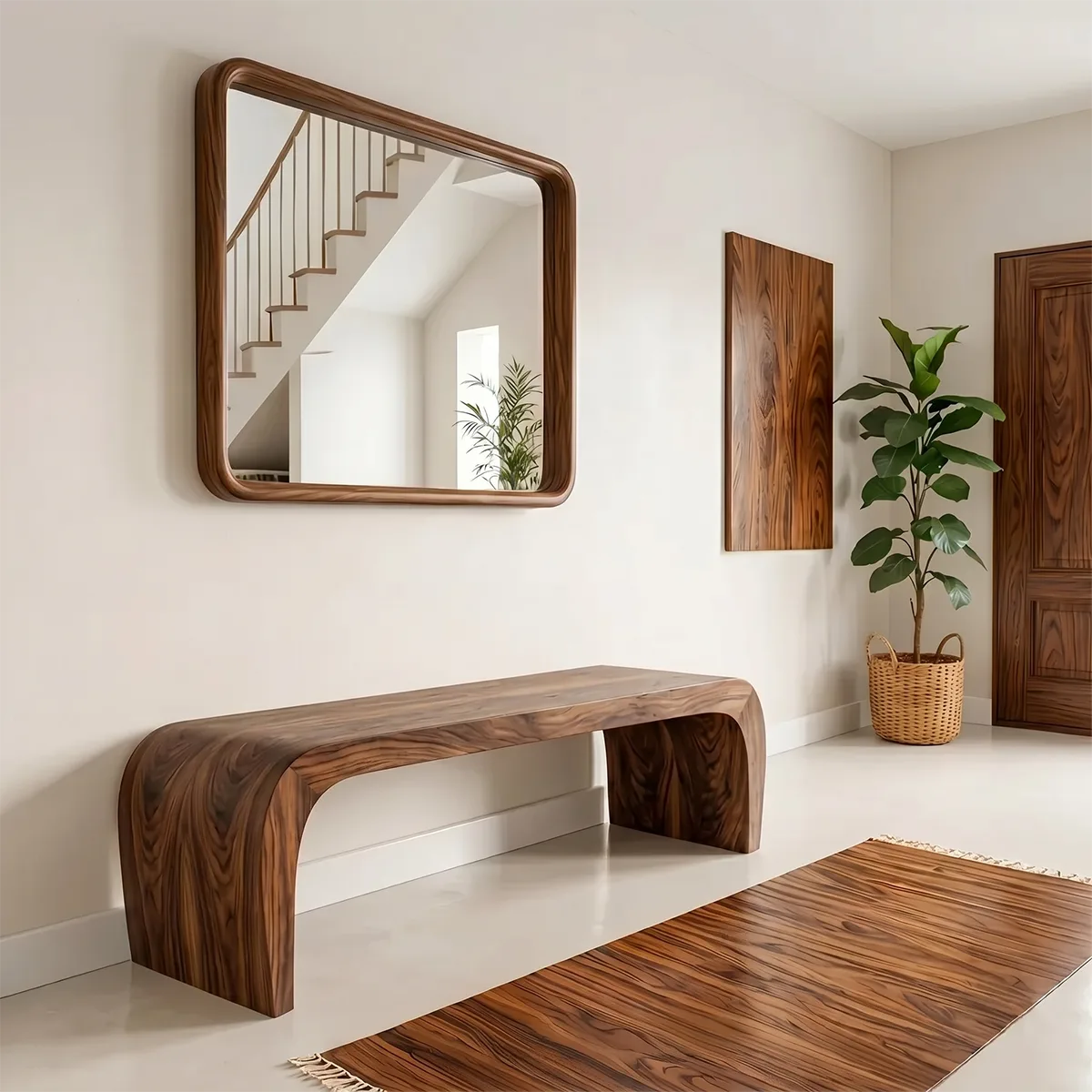 Minimalist Curved Solid Wood Console Bench for Entryway and Living Room