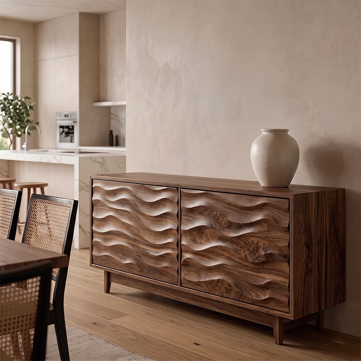 Wave Carved Solid Wood Sideboard | Modern Hardwood Storage Cabinet for Dining & Living Room TH003-6599