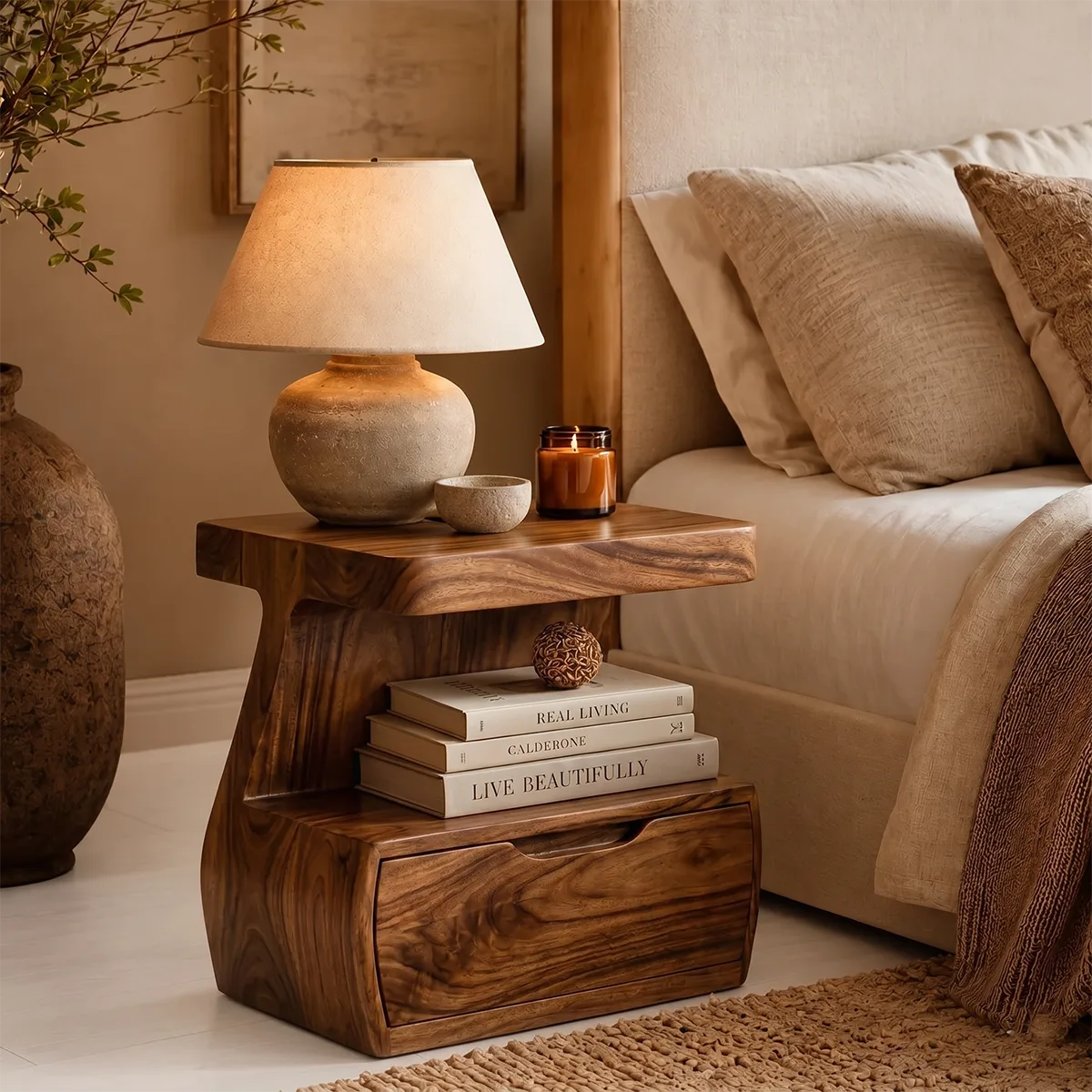 Handcrafted Solid Wood Nightstand Organic Bedside Table with Storage Drawer