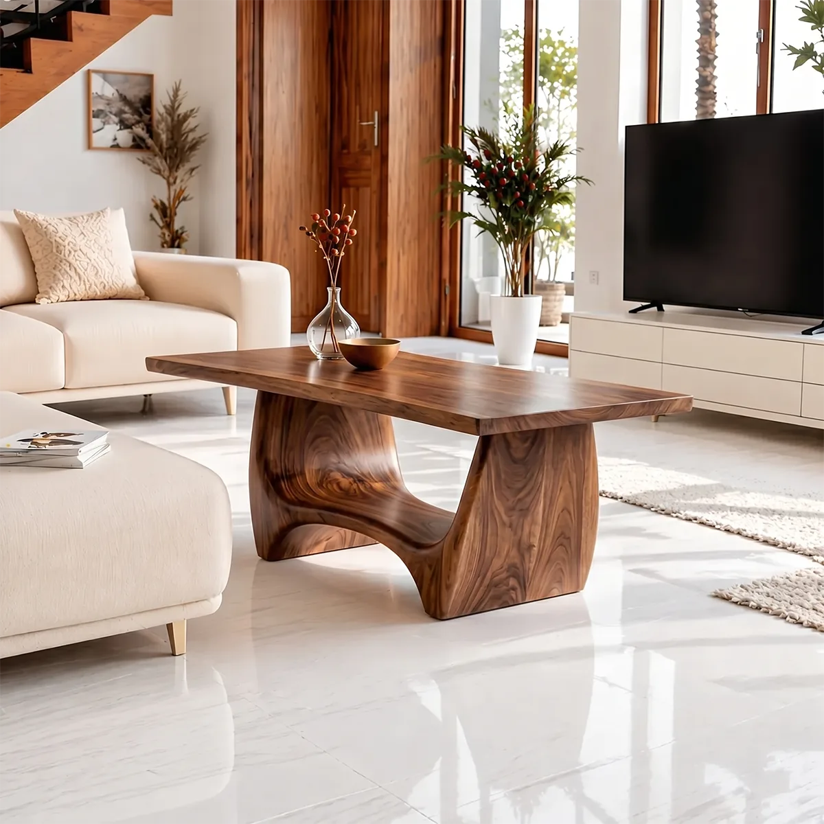 Modern Solid Wood Coffee Table with Sculptural Hourglass Base