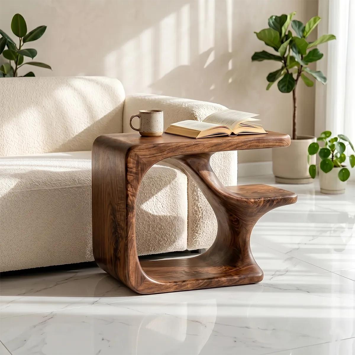 Solid Wood C-Shaped Side Table with Shelf | Sculptural Design TH003-8802