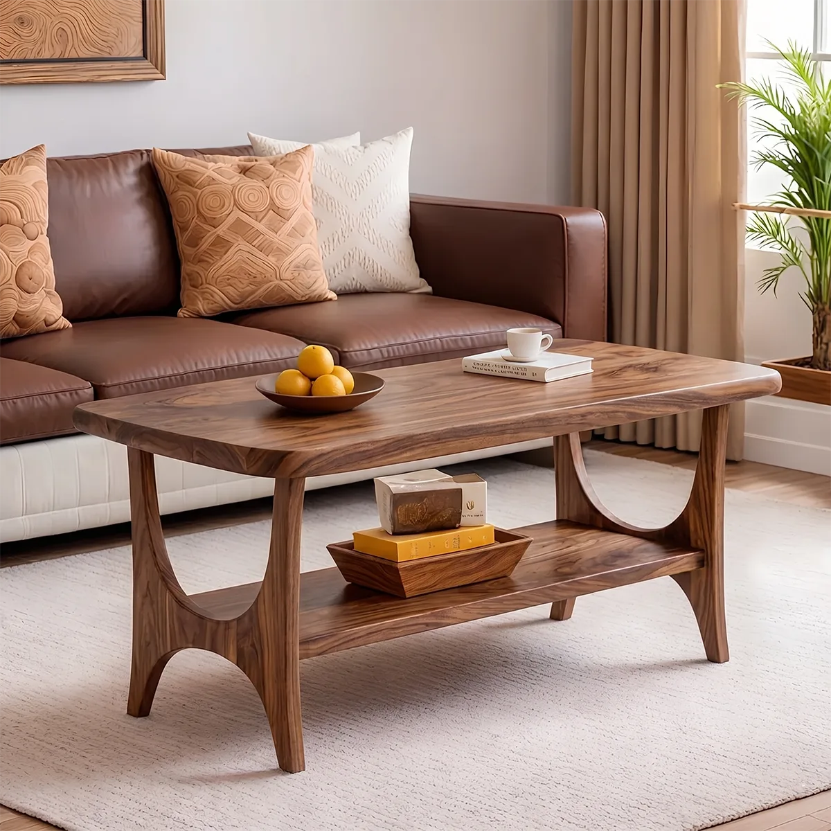 Mid Century Modern Solid Wood Rectangular Two Tier Coffee Table