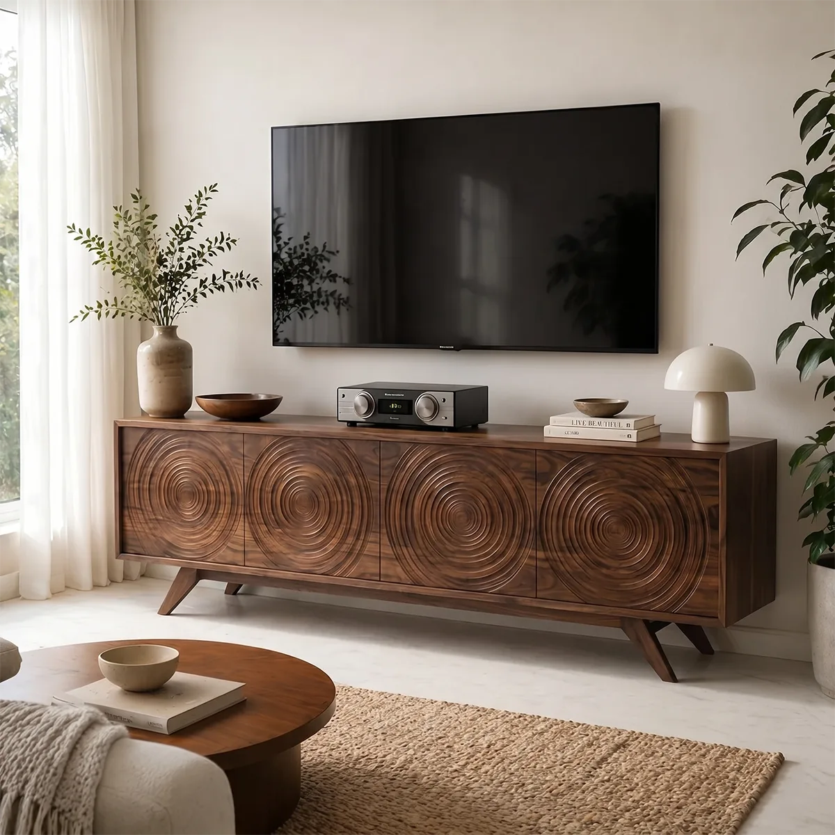Mid Century Modern Solid Wood Carved Door TV Stand