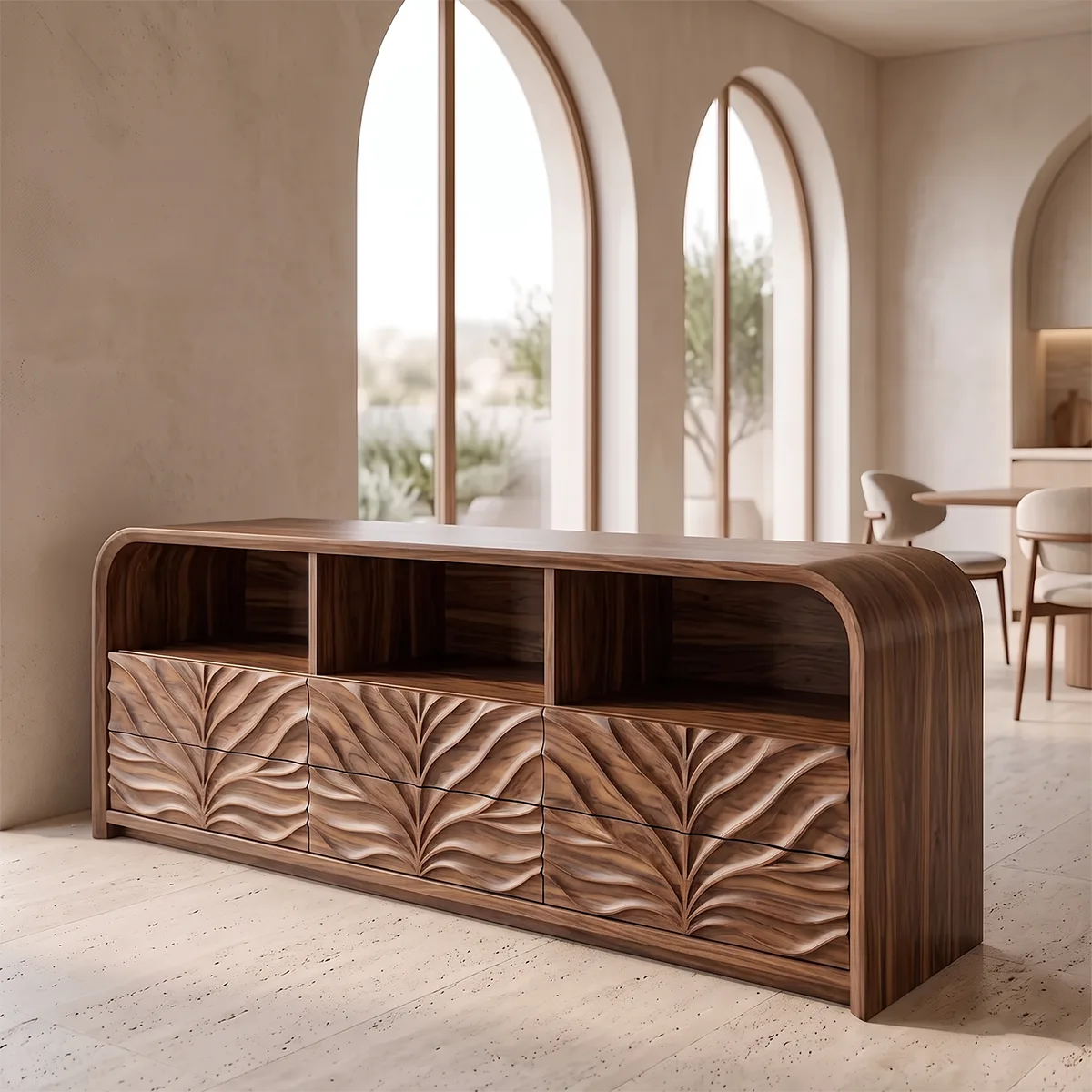 Modern Sideboard Cabinet | Leaf Carved Storage Cabinet with Open Shelves & 8 Drawers TH003-9304
