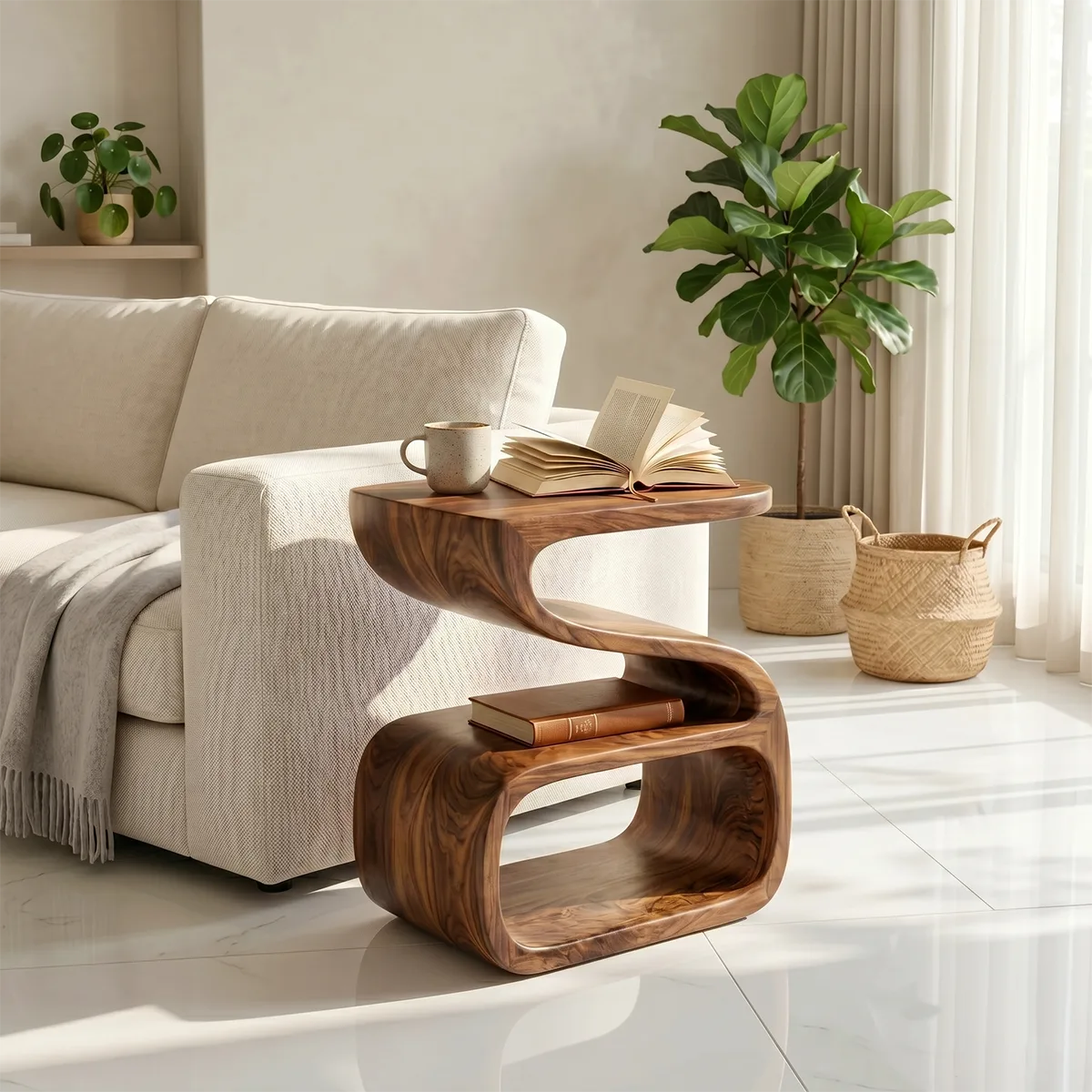 Solid Wood Side Table with Double Shelf | Sculptural Design TH003-3969