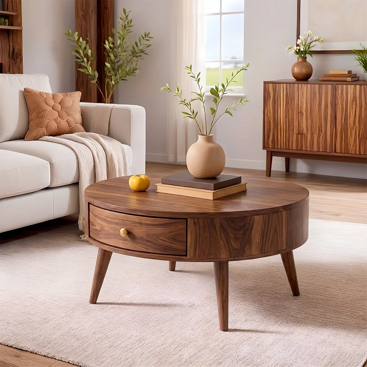 Mid Century Modern Solid Wood Round Drum Coffee Table with Drawer
