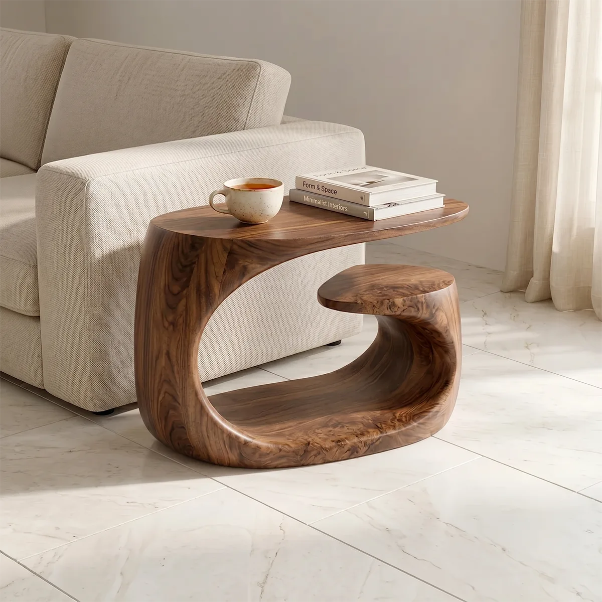 Handcrafted Solid Wood End Table with Open Shelf – Sculptural Japandi Side Table for Living Room TH003-8927