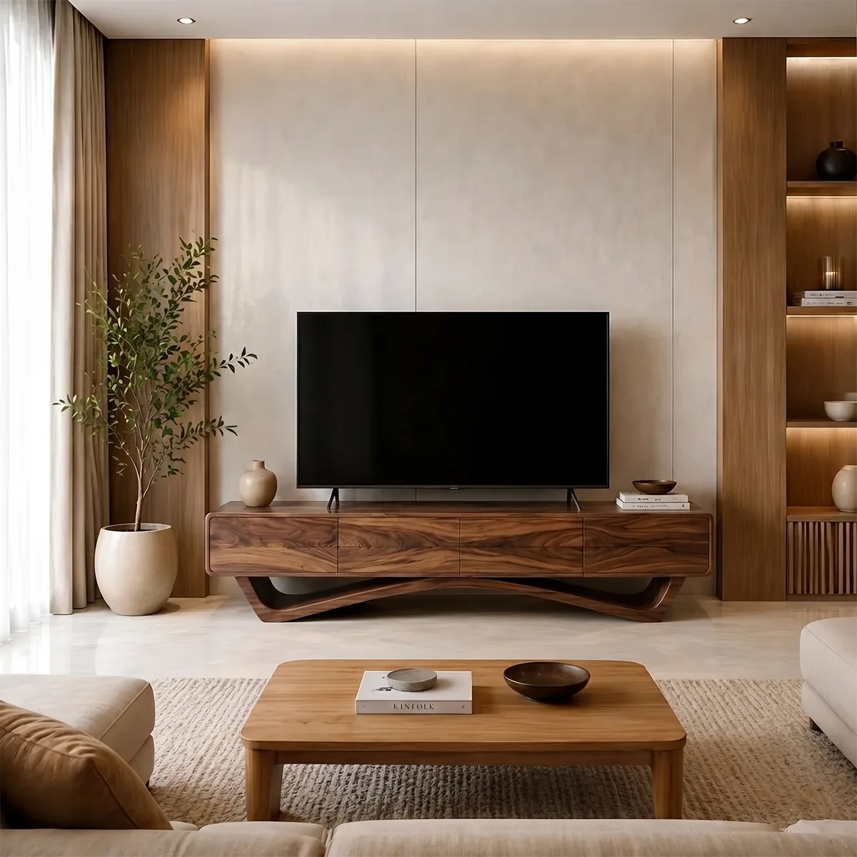Modern Solid Wood TV Stand with Sculptural Sweeping Base