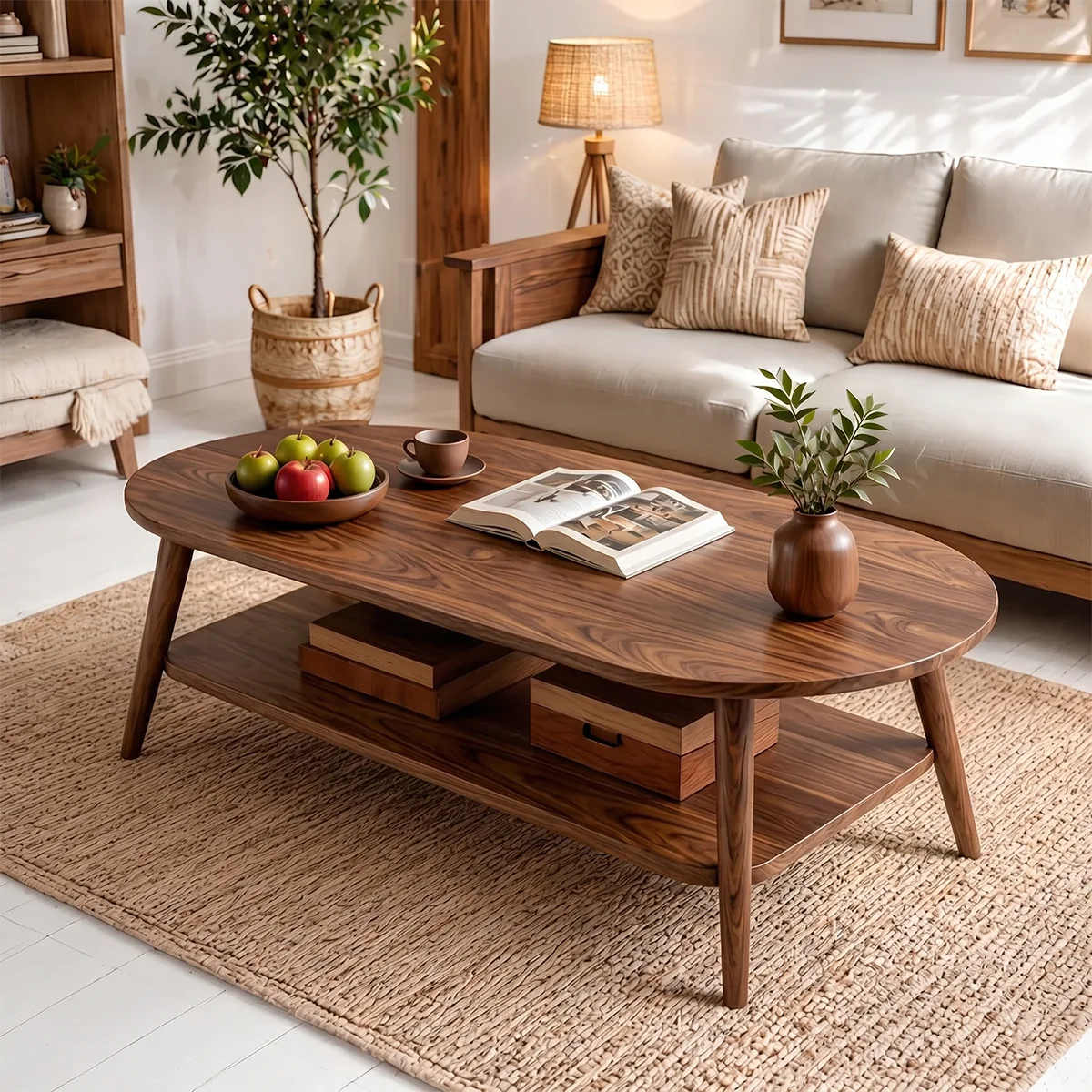 Mid Century Modern Solid Wood Two Tier Oval Coffee Table
