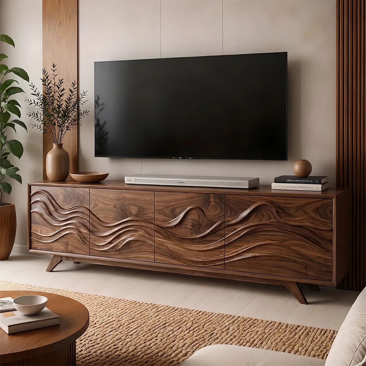 Mid-Century Modern Solid Wood TV Stand with Cabinet and Open Shelving
