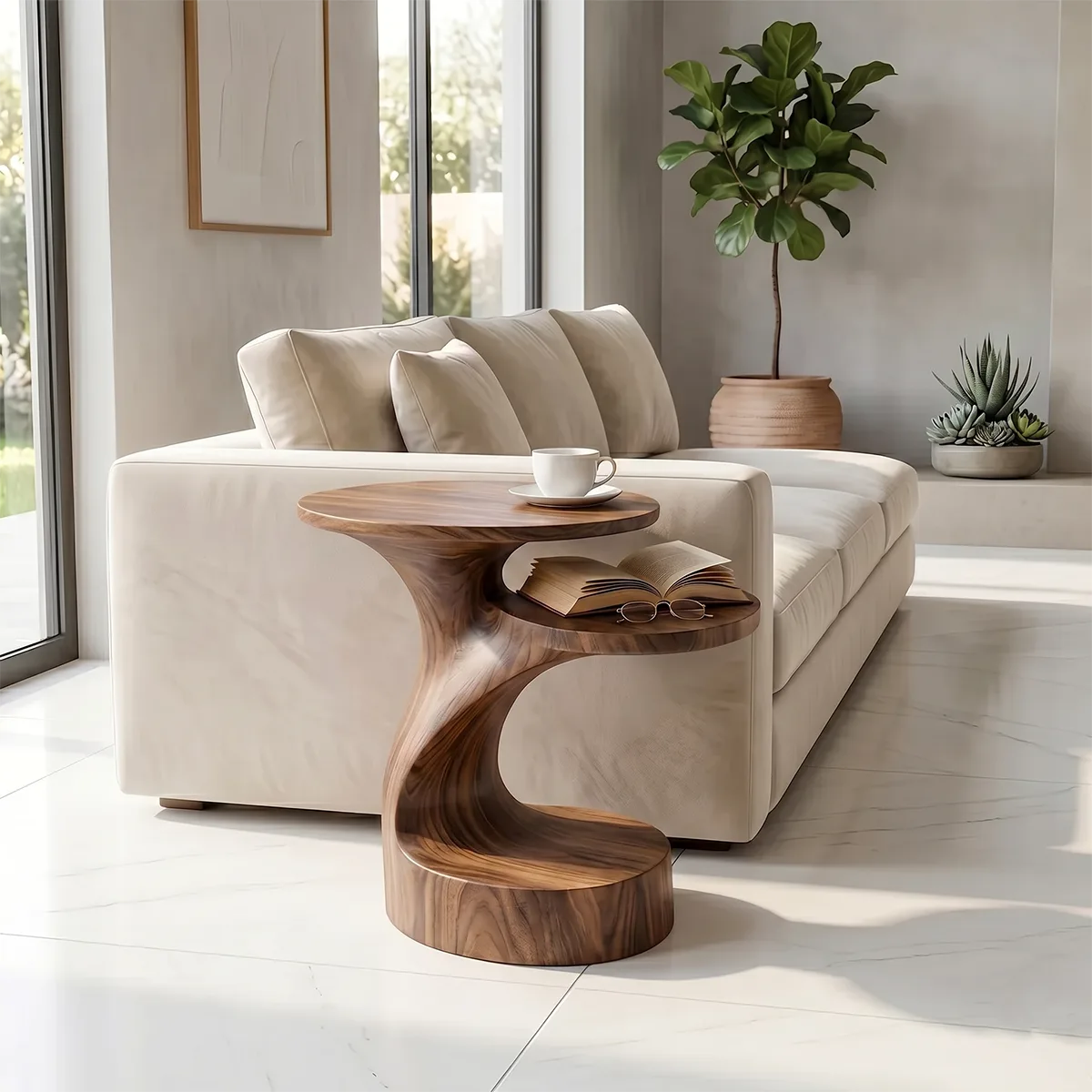Handcrafted Solid Wood End Table with Open Shelves – Sculptural Organic Side Table TH003-1037