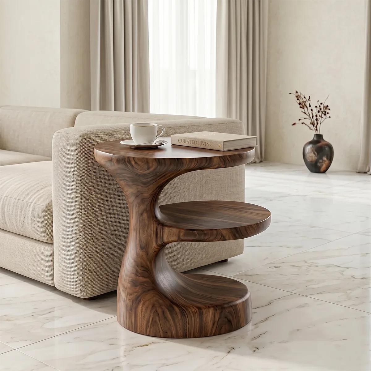 Handcrafted Solid Wood 3-Tier End Table – Sculptural Organic Side Table for Living Room TH003-2631