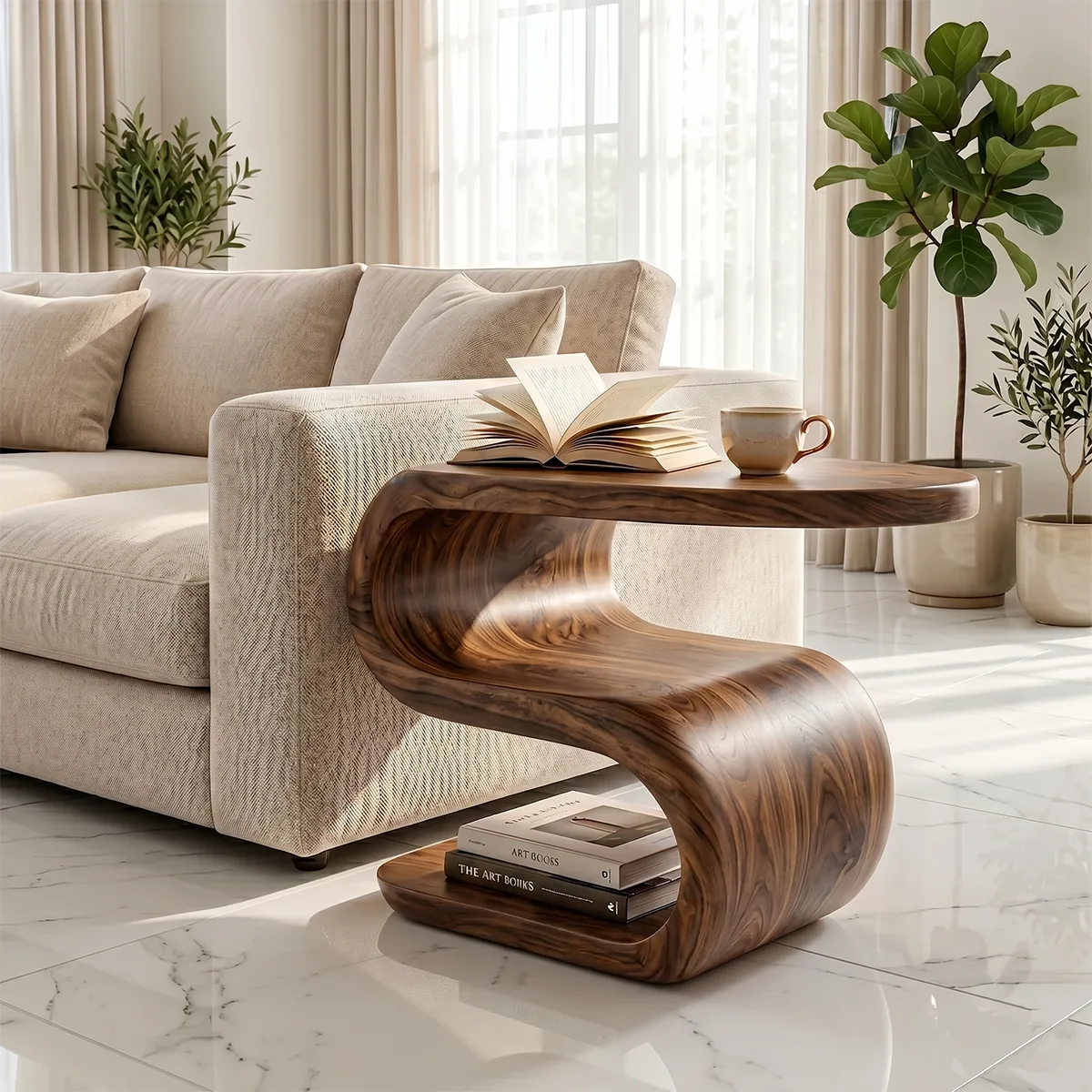 Solid Wood S-Shaped End Table – Sculptural Side Table for Living Room & Bedroom TH003-1734