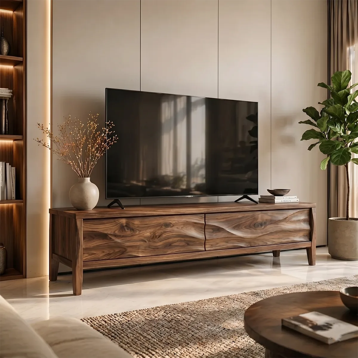 Modern Solid Wood 3D Wavy Carved TV Stand