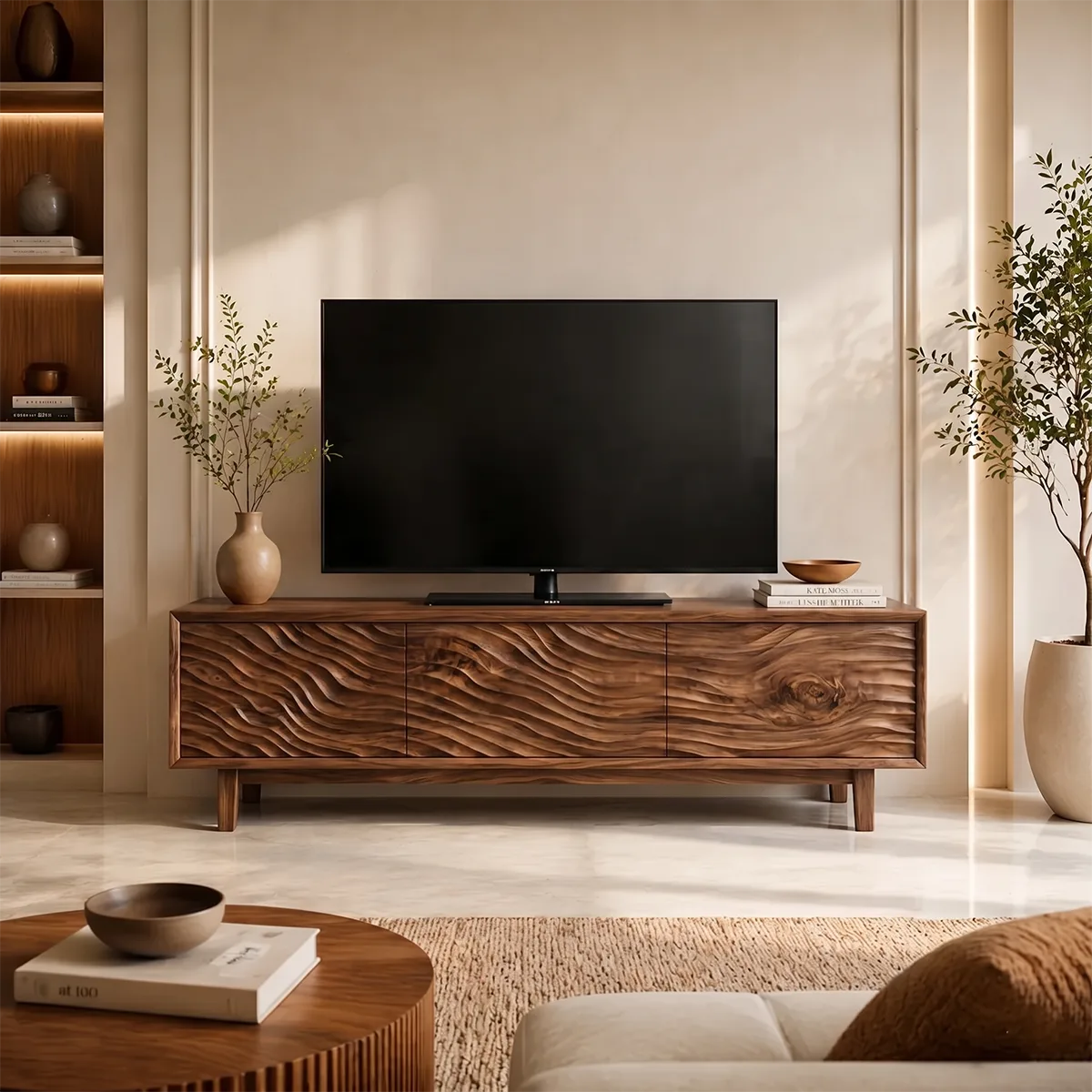 Modern Solid Wood Three Door Wavy Carved TV Stand