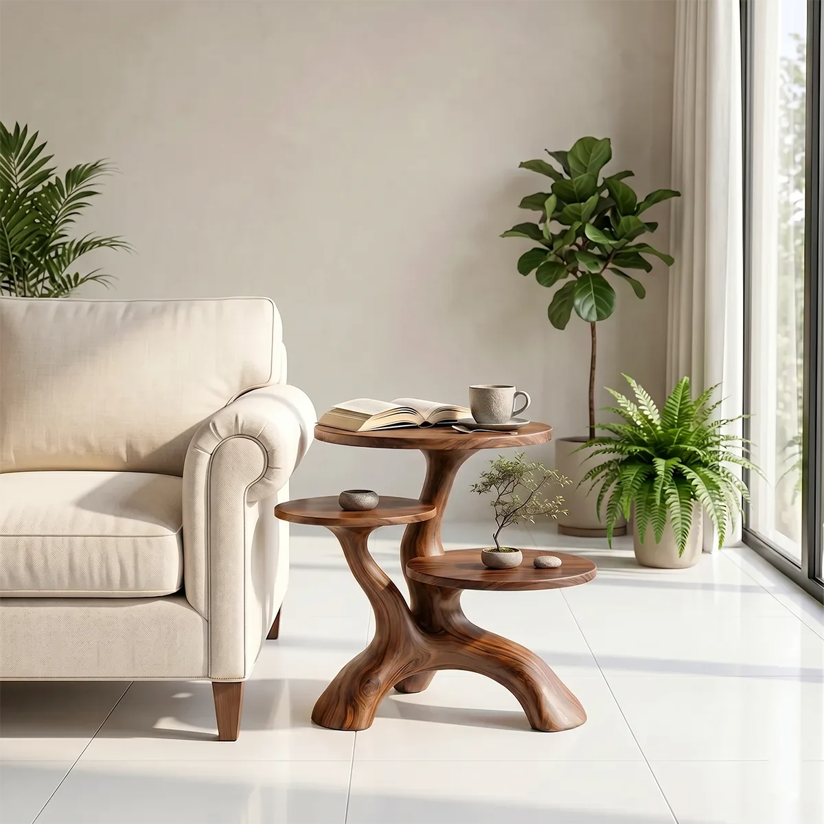 Handcrafted Solid Wood 3-Tier End Table – Sculptural Organic Side Table TH003-2515