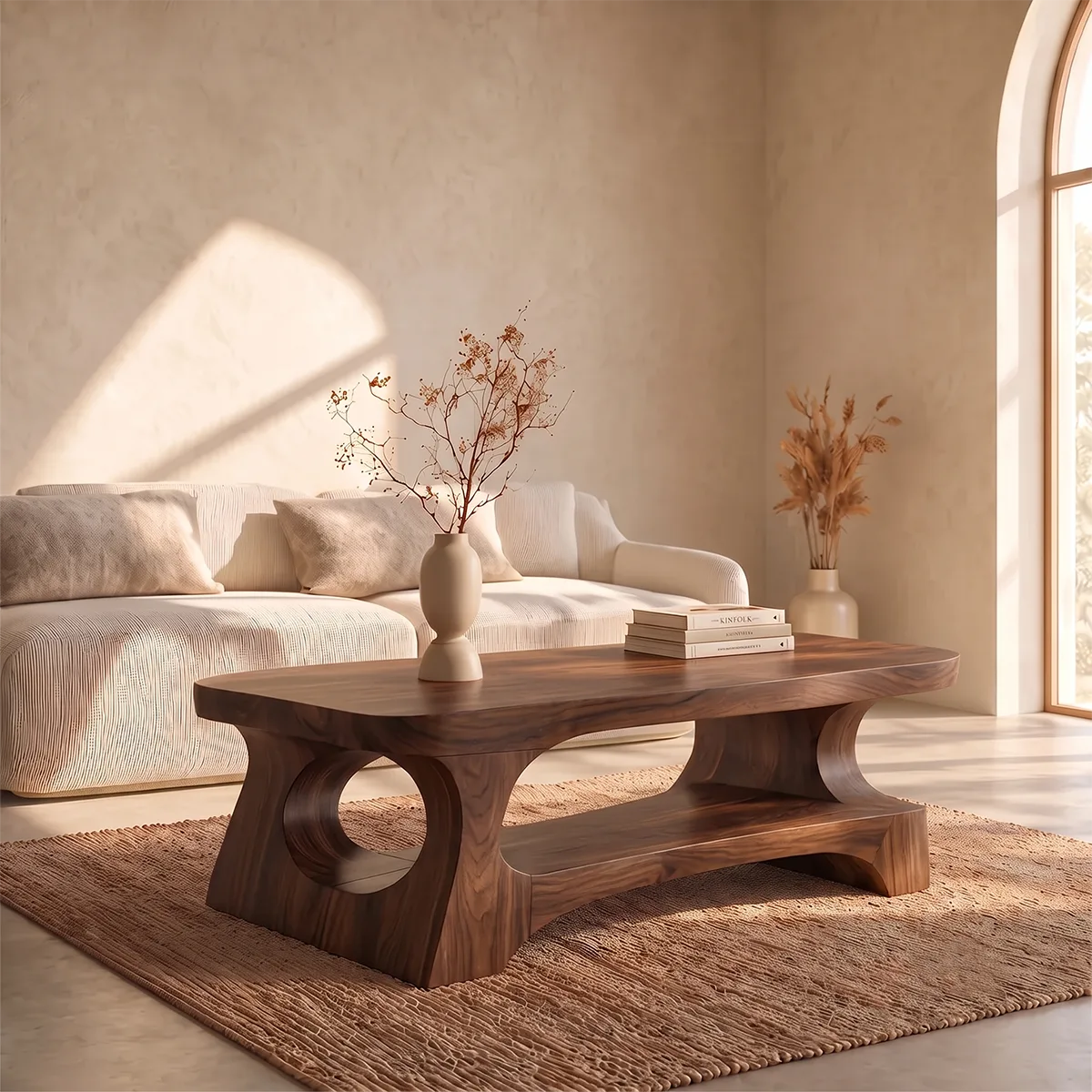 Organic Rectangular Coffee Table with Open Shelf and Sculptural Arch Base TH003-6JFK9PR