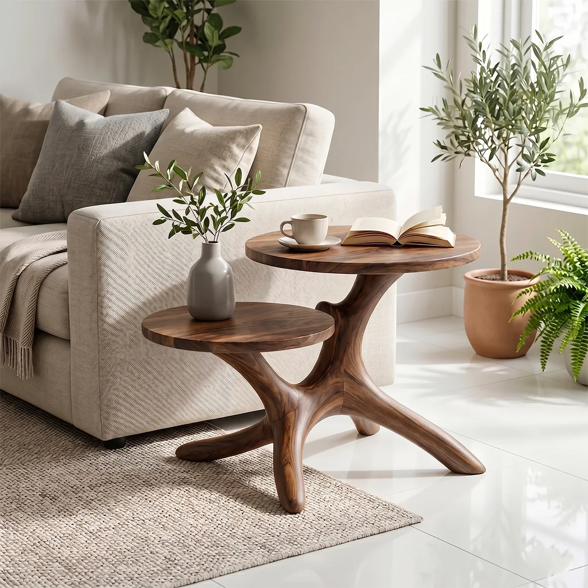 Handcrafted Solid Wood 2-Tier End Table – Sculptural Organic Side Table for Living Room TH003-8682